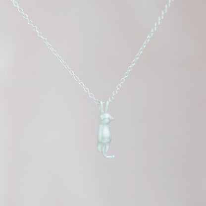 Sterling Silver Matte Hanging Cat Jumping Kitten Pendant Necklace