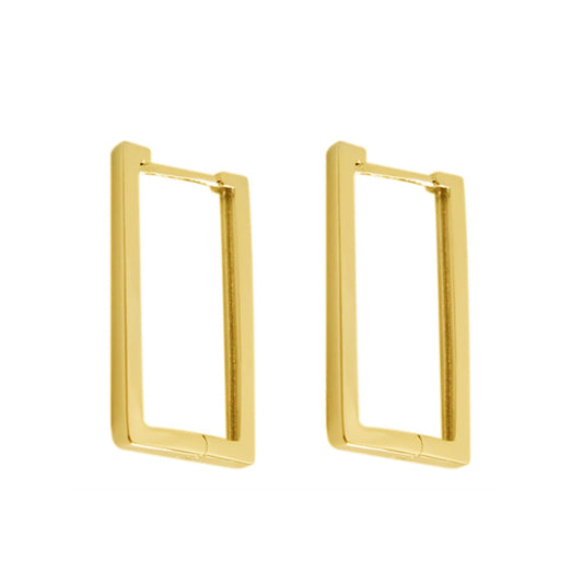 18K gold geometric rectangle huggie earrings with hinged clasp, isolated pair