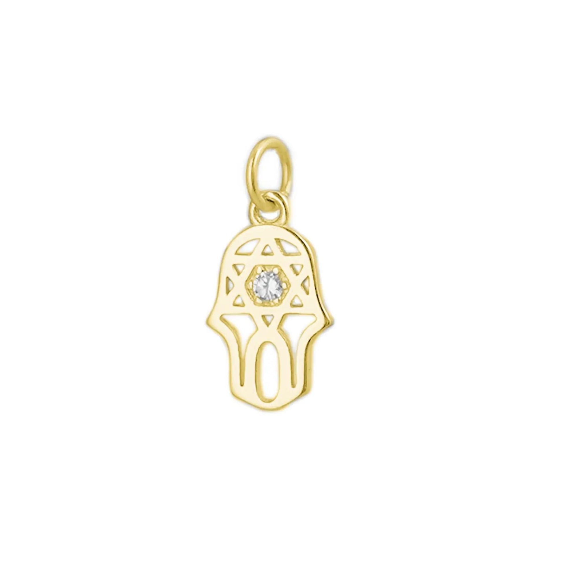 Goldener Multisymbol-Schutzanhänger in Hamsa-Form mit funkelndem Stein