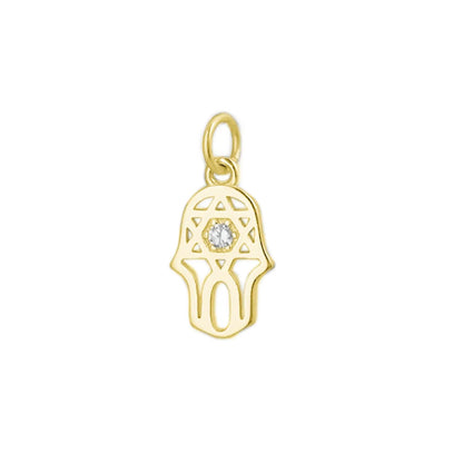 Goldener Multisymbol-Schutzanhänger in Hamsa-Form mit funkelndem Stein