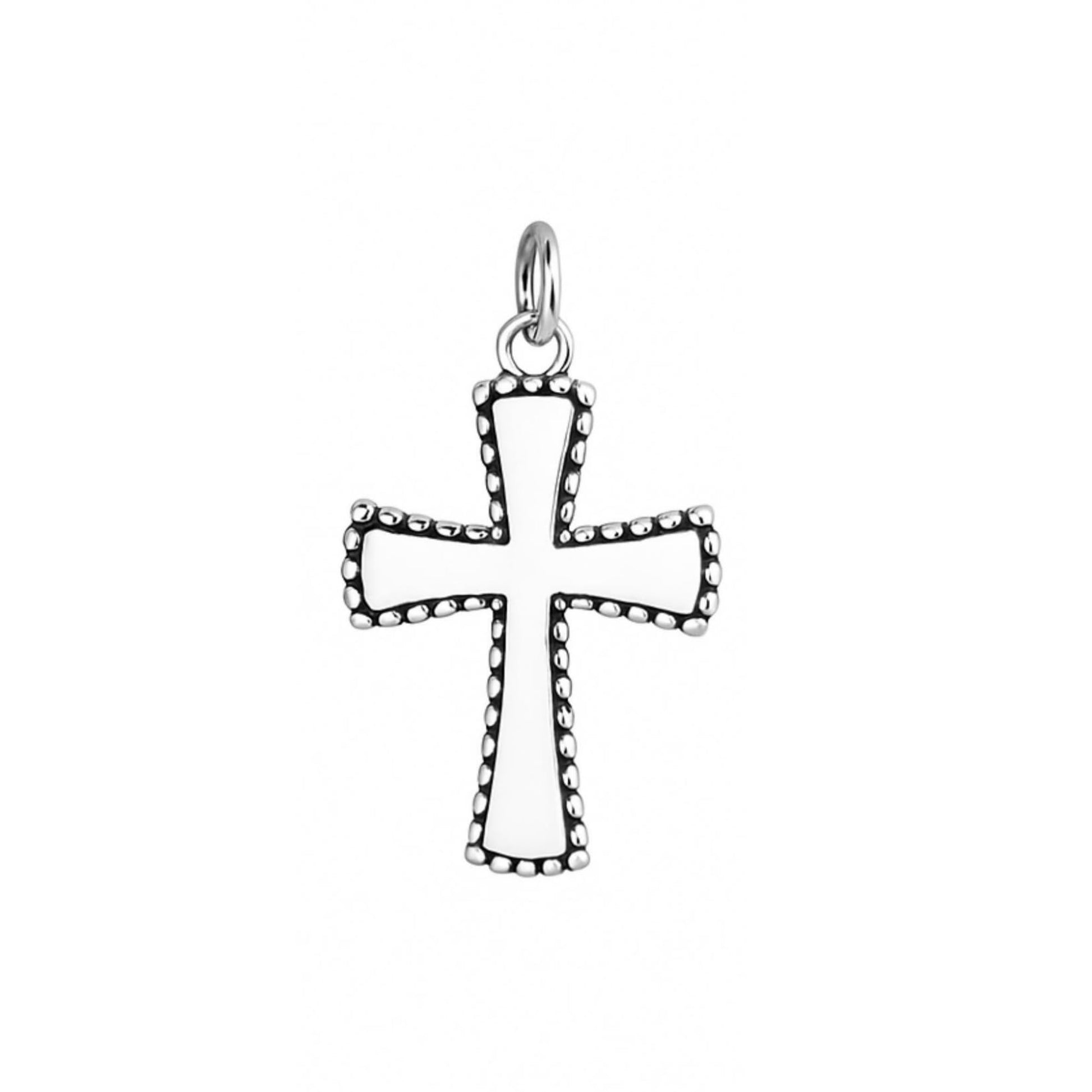 Oxidised beaded cross charm with small studded border and hanging loop, silver-tone