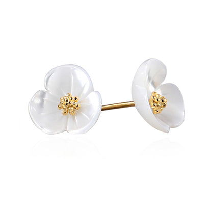 Sterling Silver Natural Mother of Pearl Shamrock Clover Flower Stud Earrings