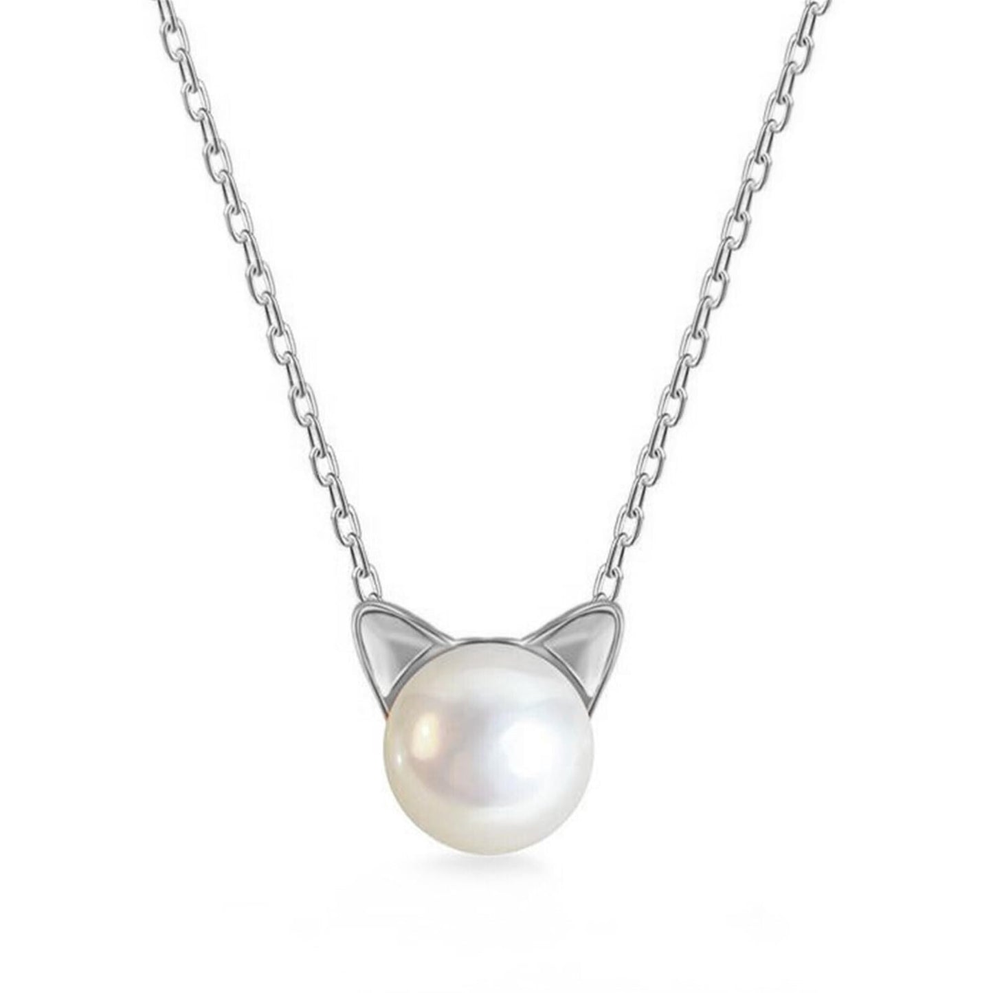 Silver cat pearl pendant necklace with white pearl drop and cat-ear frame