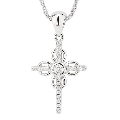Sterling Silver Paved CZ Ribbon Cross Floral Cross Bezel CZ Centre Pendant Necklace 43cm 17''