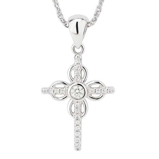 Sterling Silver Paved CZ Ribbon Cross Floral Cross Bezel CZ Centre Pendant Necklace 43cm 17''