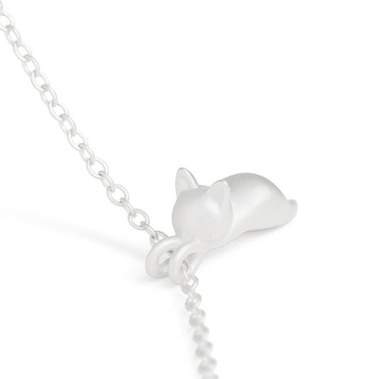 Sterling Silver Matte Hanging Cat Jumping Kitten Pendant Necklace