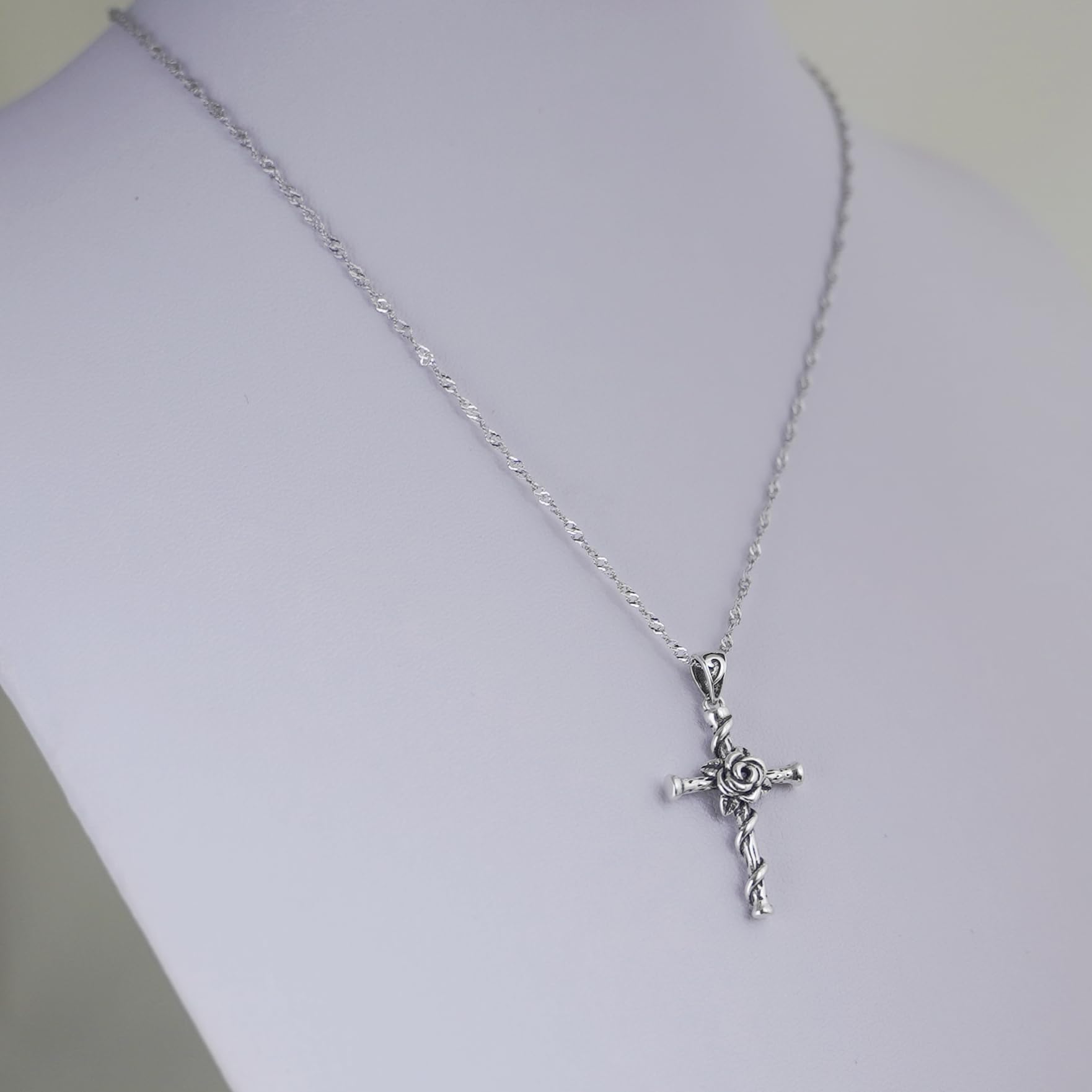 Oxidised Rose Thorn Cross necklace on a chain, small twisted cross pendant with rose top