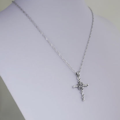 Oxidised Rose Thorn Cross necklace on a chain, small twisted cross pendant with rose top