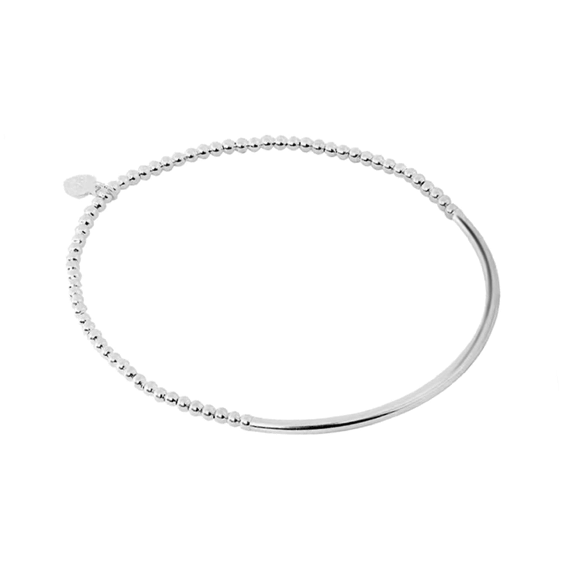 Silver stretch bracelet, beaded edge with smooth curved front bar
