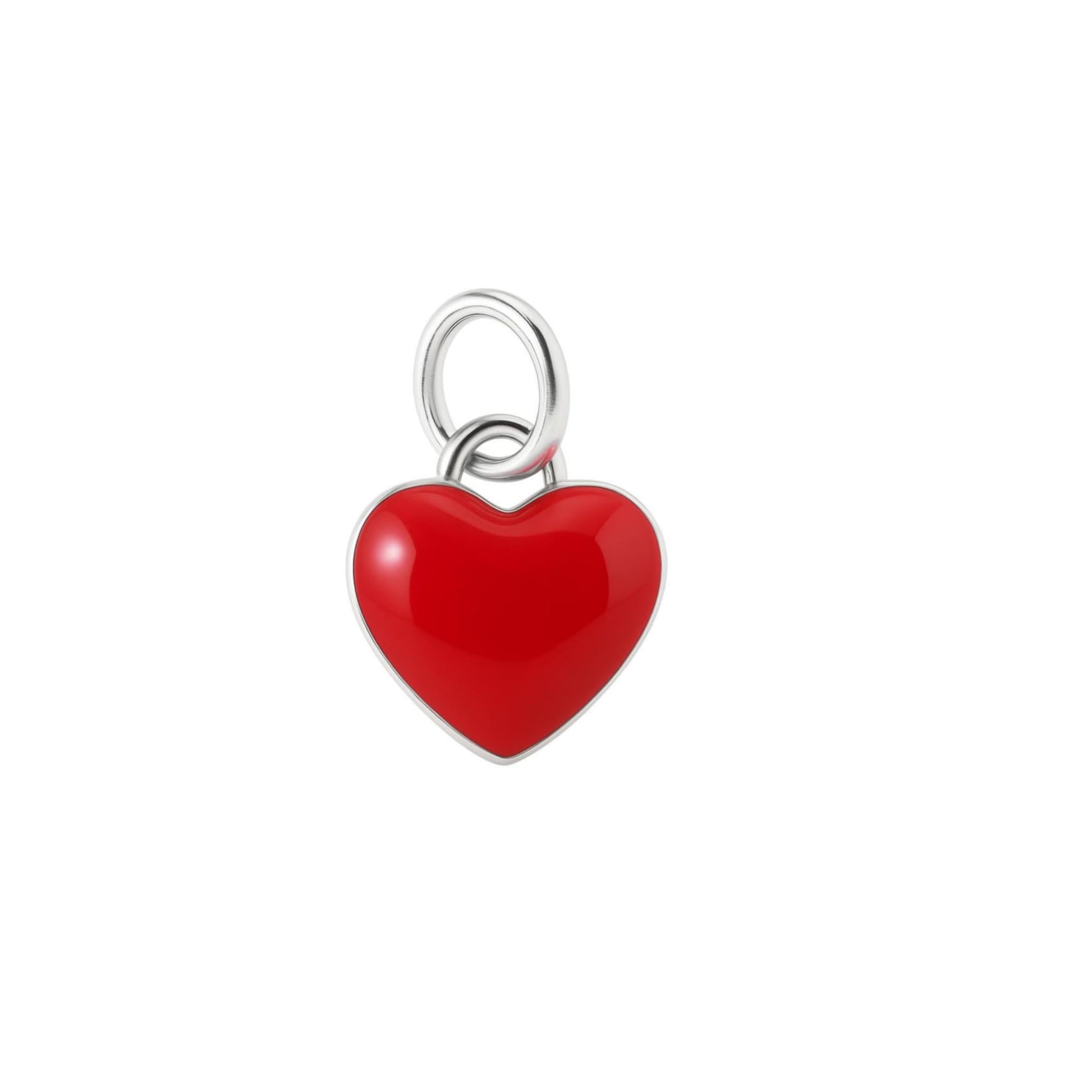 Red glazed heart charm with silver loop and rounded enamel finish