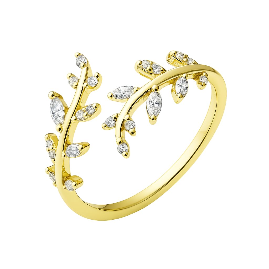 Sterling Silver Cubic Zirconia Leaf Feather Bridal Wrap Ring Adjustable Rhodium / 18K Gold