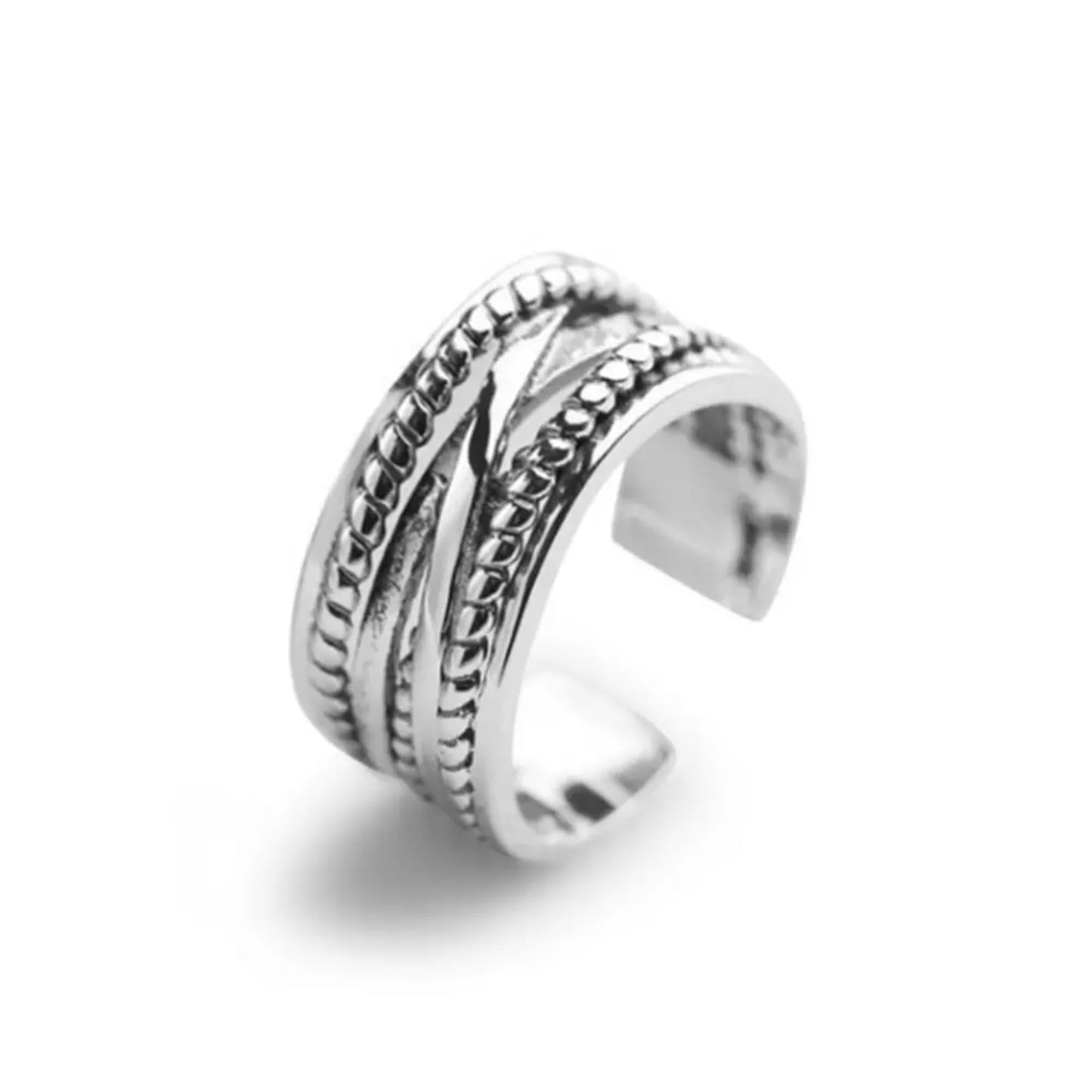 Oxidised rope crossover ring in oxidised silver tone, ridged crossover bands