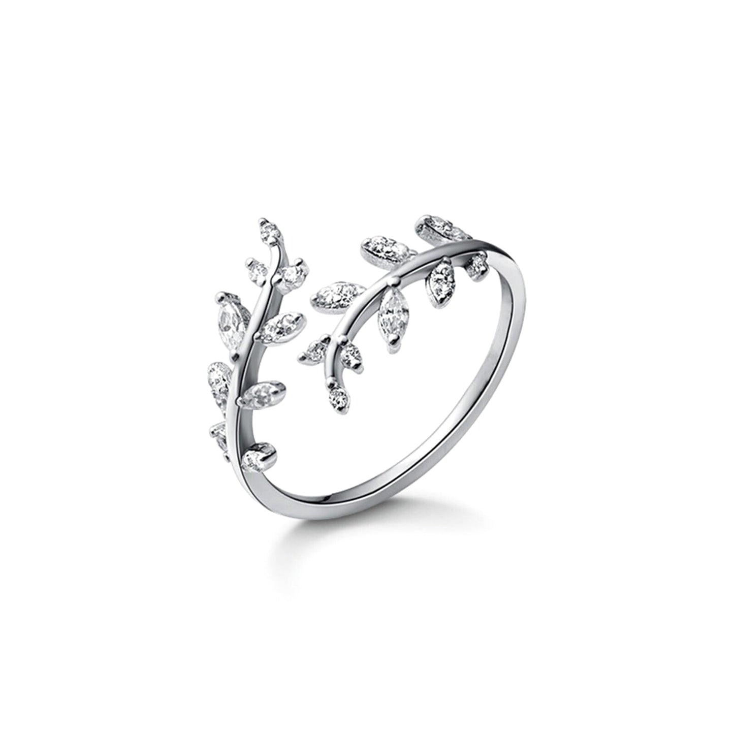 Sterling Silver Cubic Zirconia Leaf Feather Bridal Wrap Ring Adjustable Rhodium / 18K Gold