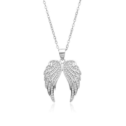Sterling Silver Angel Feather Wing Earrings & Pendant Set with Paved CZ Stone