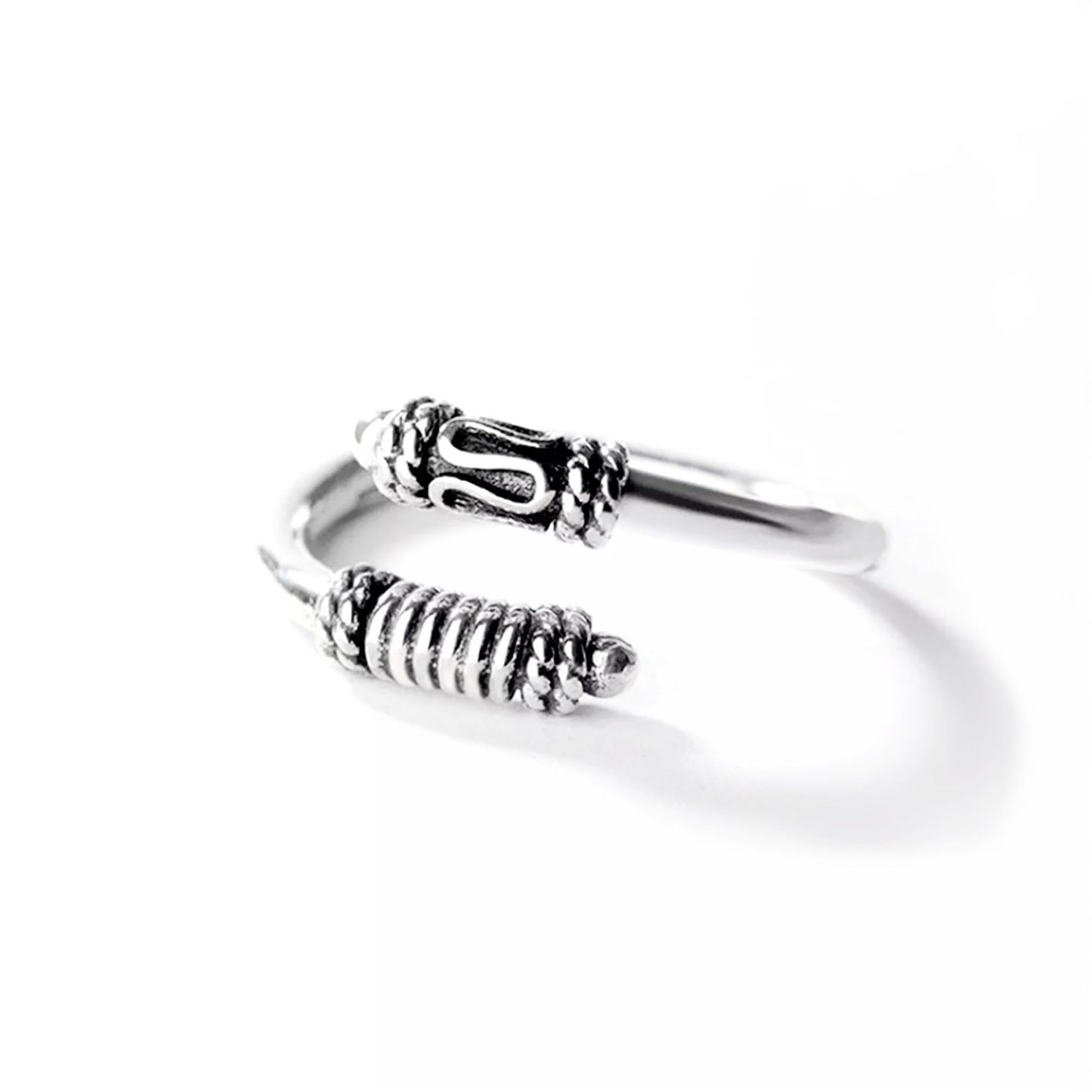 Oxidised Totem Knot ring, silver tone, coiled rope band with raised knot detail