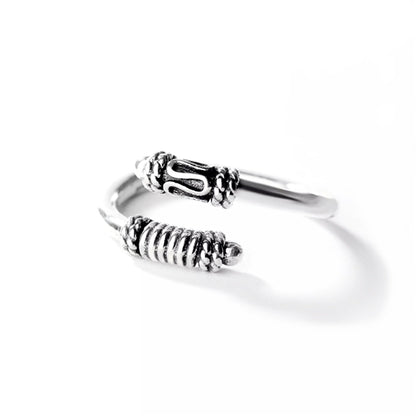Oxidised Totem Knot ring, silver tone, coiled rope band with raised knot detail