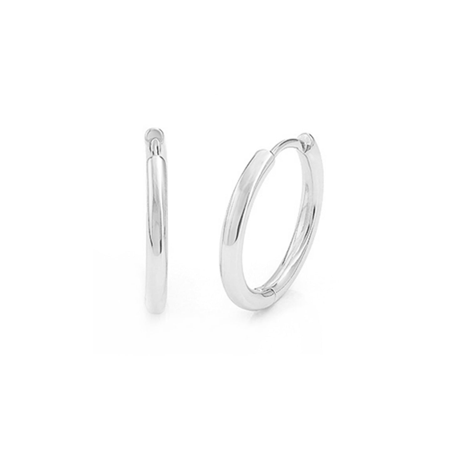 Rhodium sleeper huggies, small circular hoops with hinged closure details