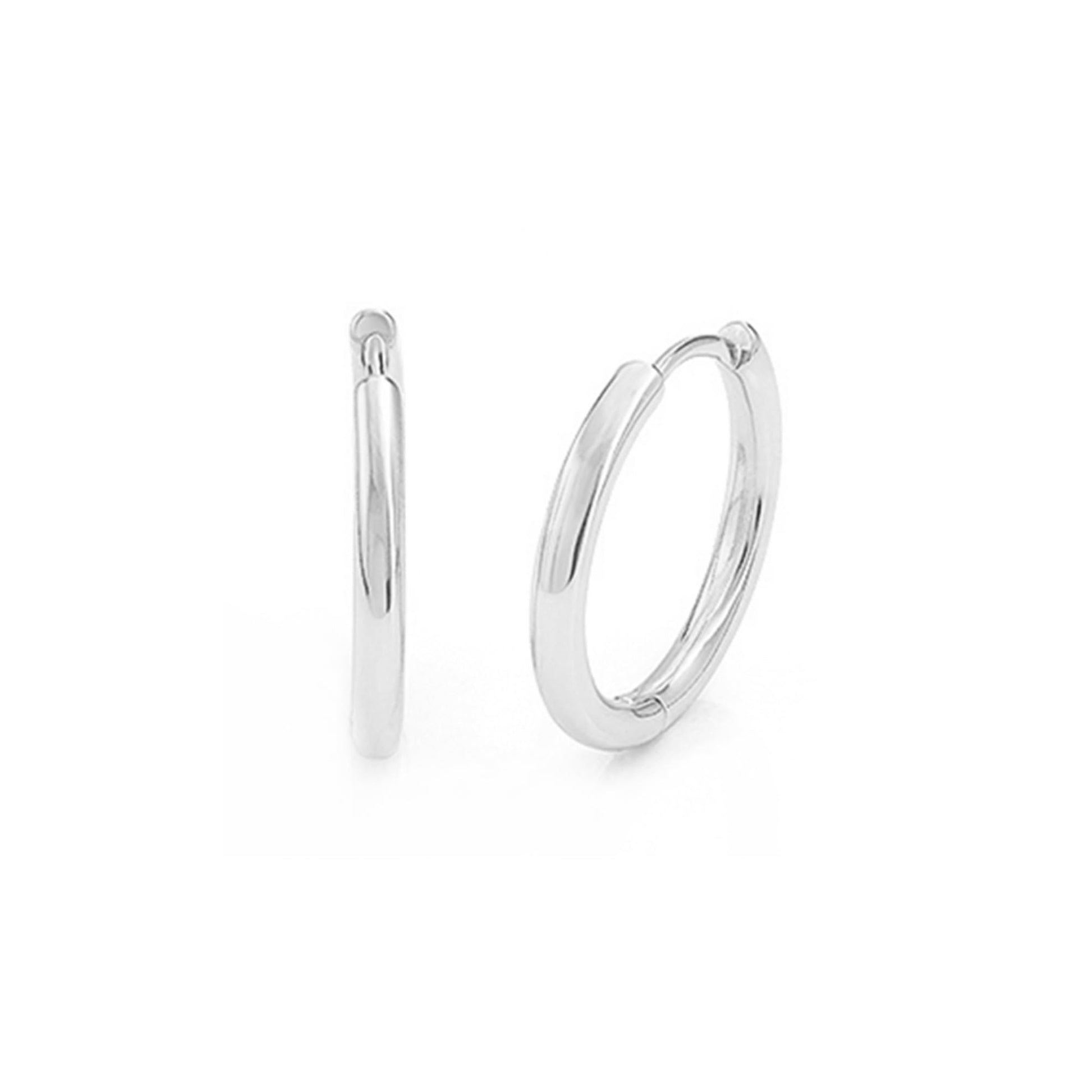Rhodium sleeper huggies, small circular hoops with hinged closure details