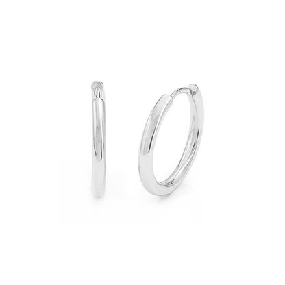 Rhodium sleeper huggies, small circular hoops with hinged closure details