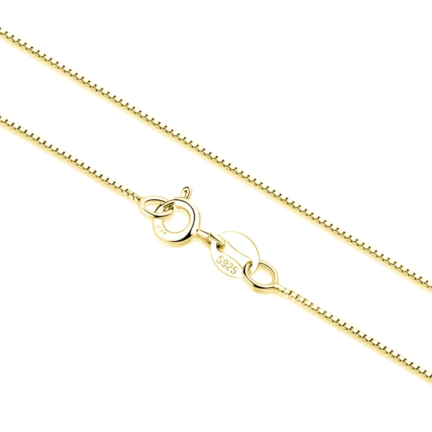 Minimalist Box Chain in Gold tone with clasp and “S925” tag