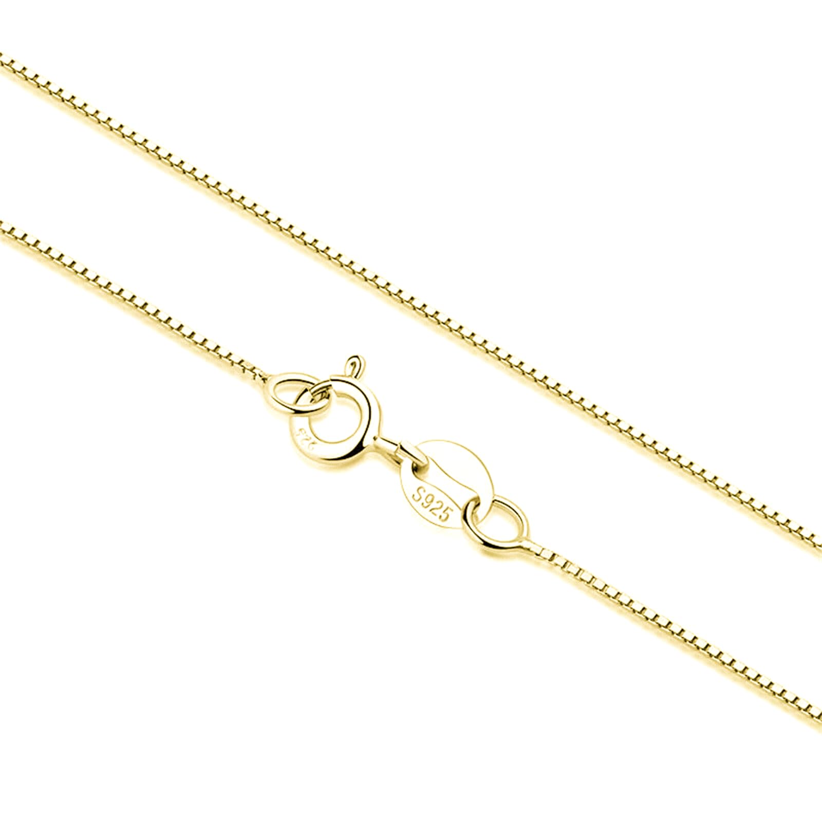Minimalist Box Chain in Gold tone with clasp and “S925” tag
