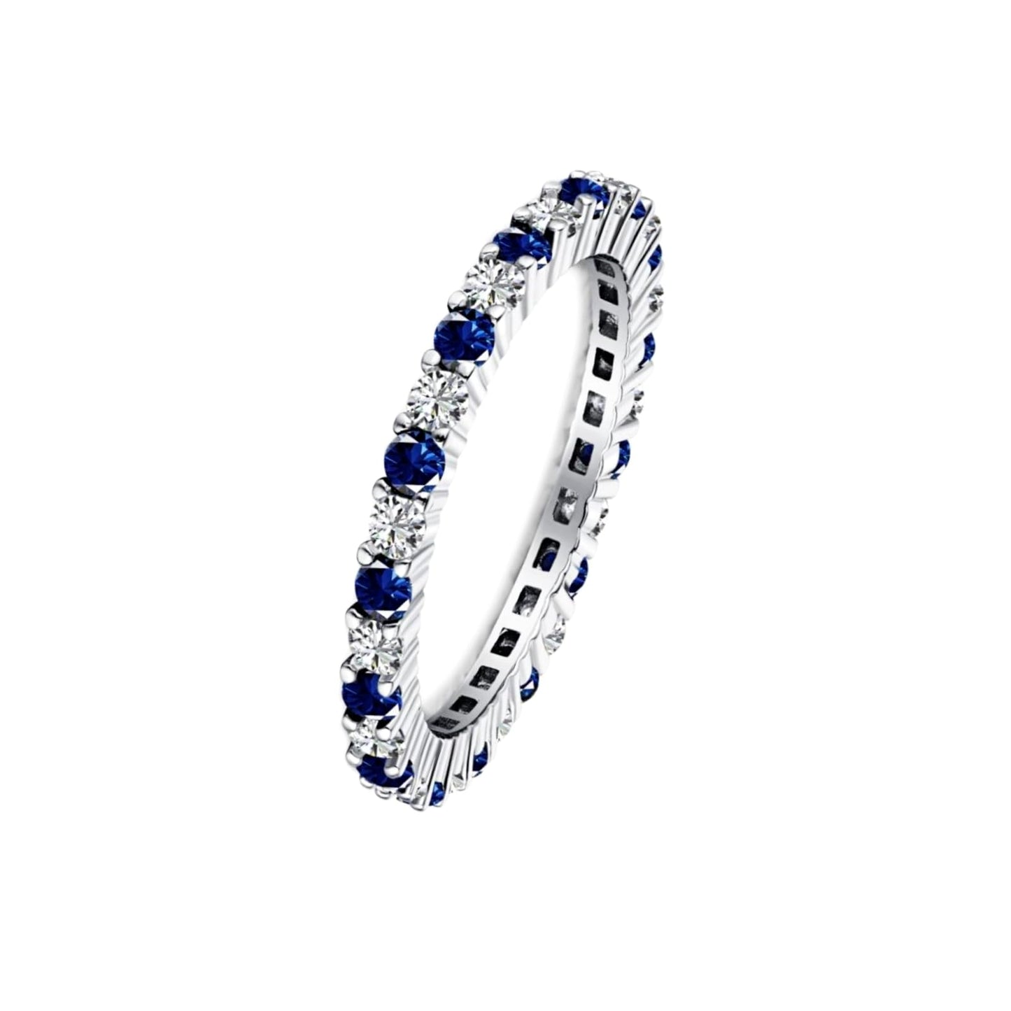 Sterling Silver Full Eternity 2mm Prong Set CZ White Blue Sapphire Band Ring