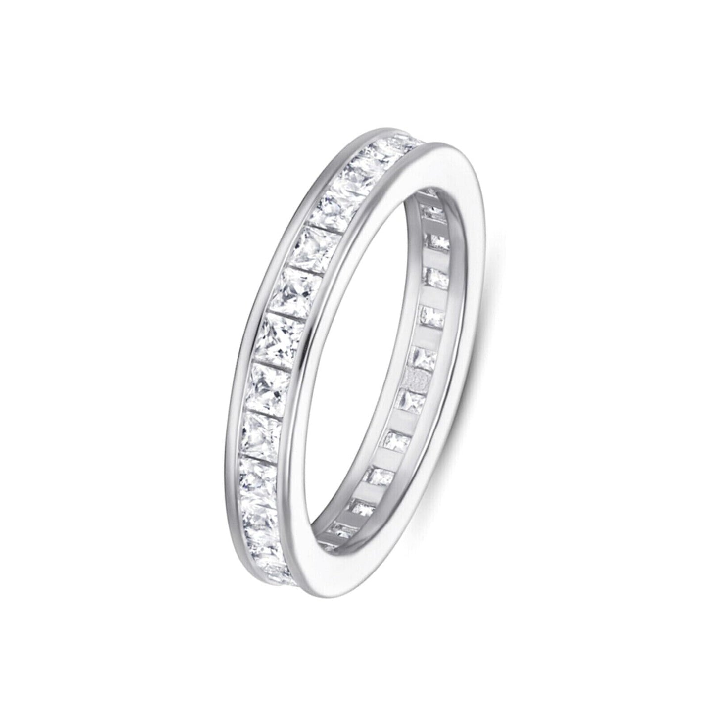 Rhodium on Sterling Silver Full Eternity 2.1mm Channel Set Princess Cut CZ Wedding Ring
