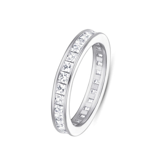Rhodium on Sterling Silver Full Eternity 2.1mm Channel Set Princess Cut CZ Wedding Ring