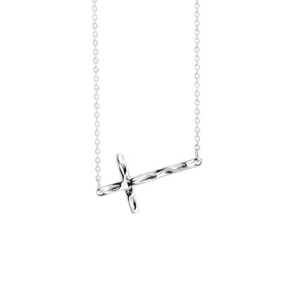 Sterling Silver Reversible Organic Texture Sideways Cross Necklace 42.5cm 16.7"