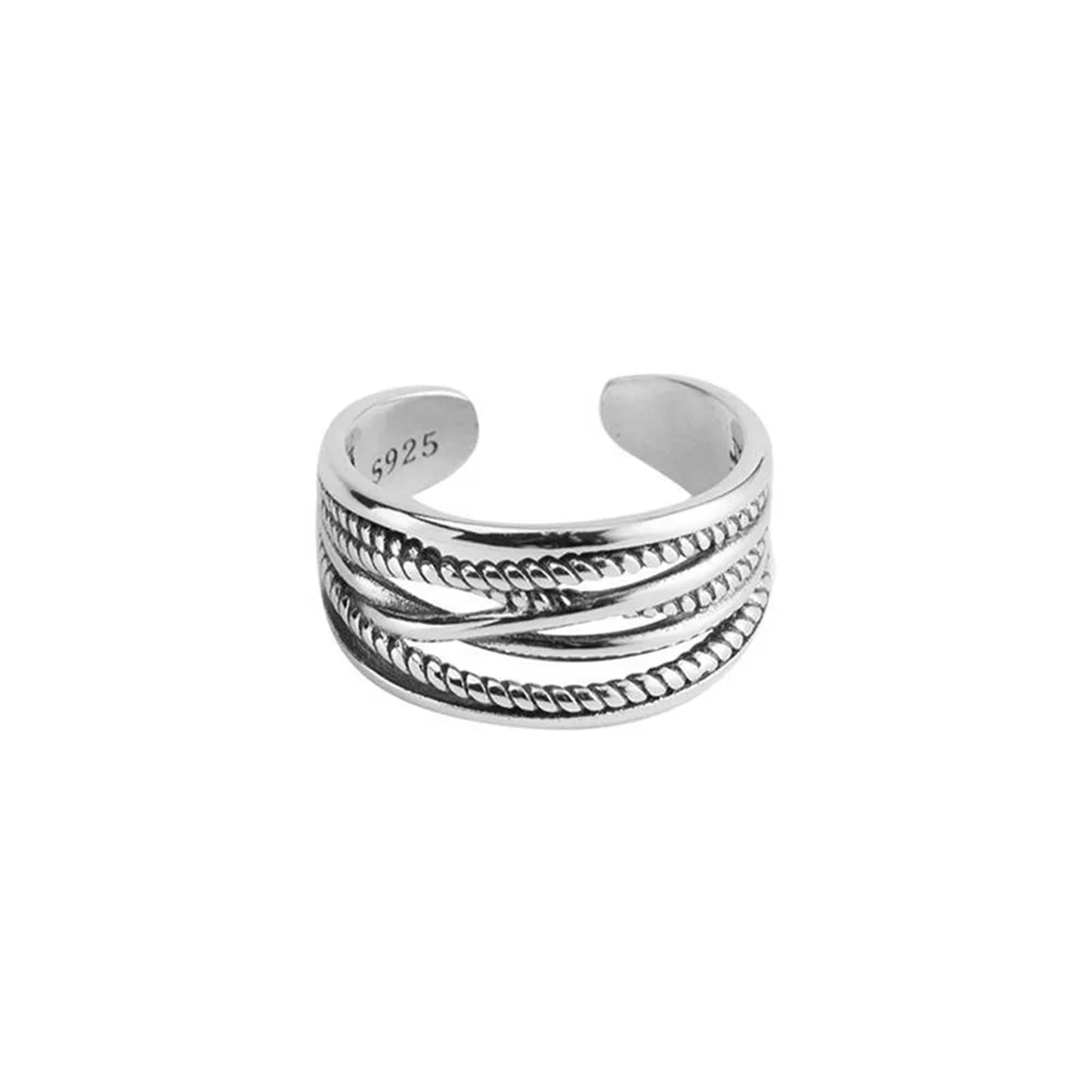 Oxidised rope crossover ring with '925' hallmark inside, stacked rope bands
