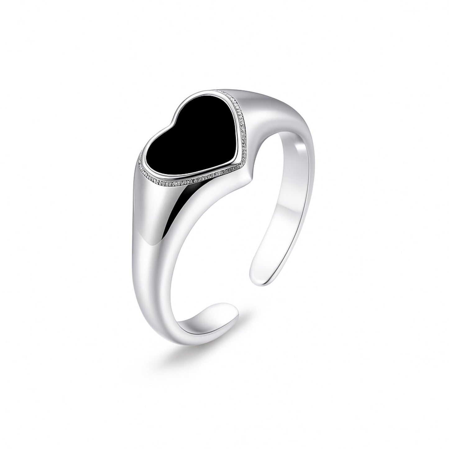Silver-tone wishbone ring with black heart enamel center and sparkling border