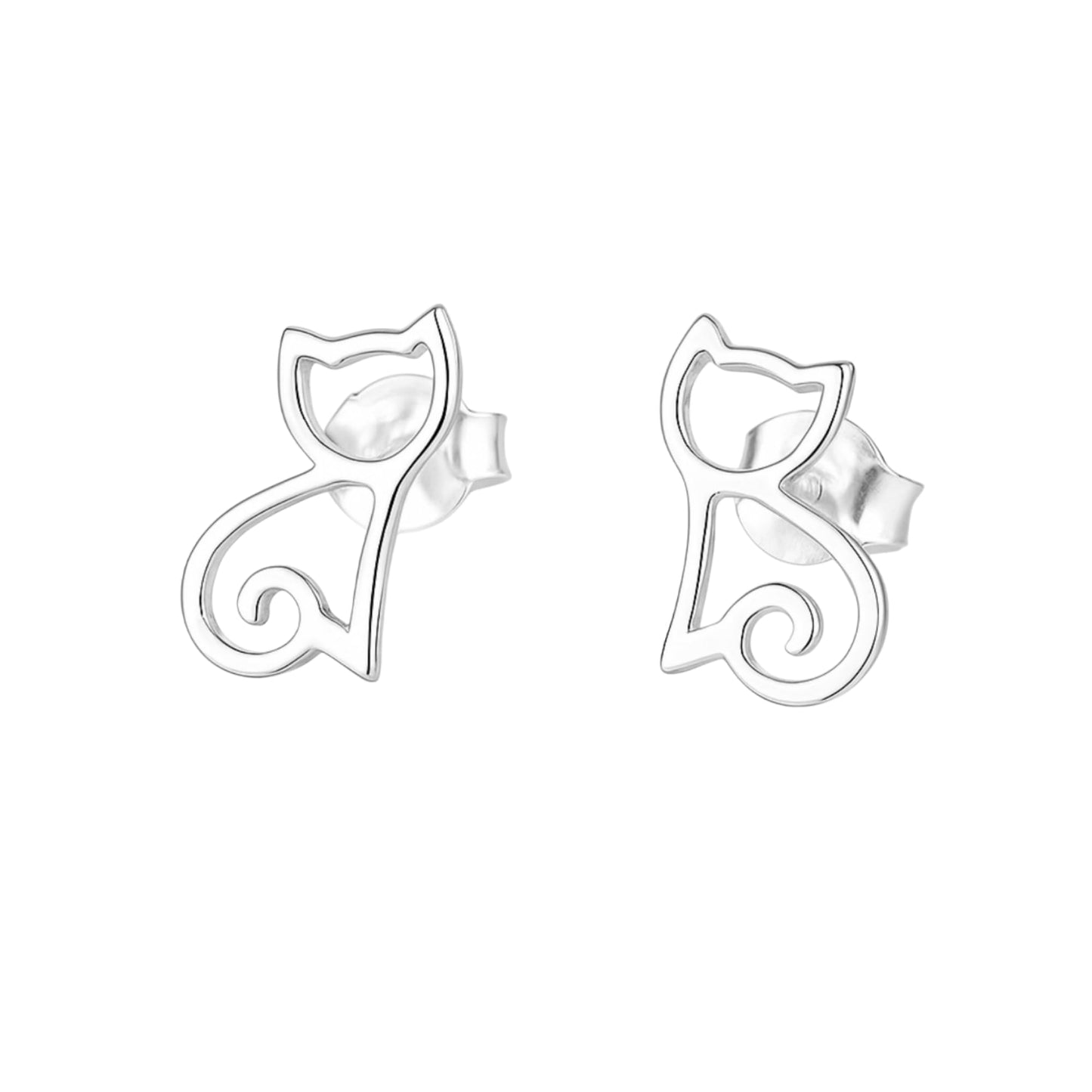 Cat outline stud earrings, mirrored pair in polished silver finish