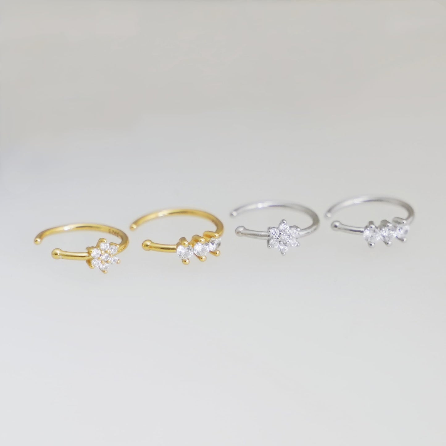 Floral CZ Cuff Hoops (Flower & Three Stones), goldfarben und silberfarben