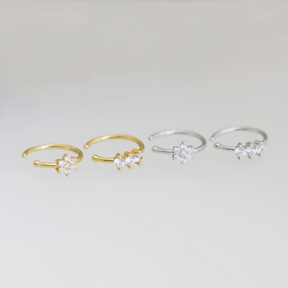 Floral CZ Cuff Hoops (Flower & Three Stones), goldfarben und silberfarben