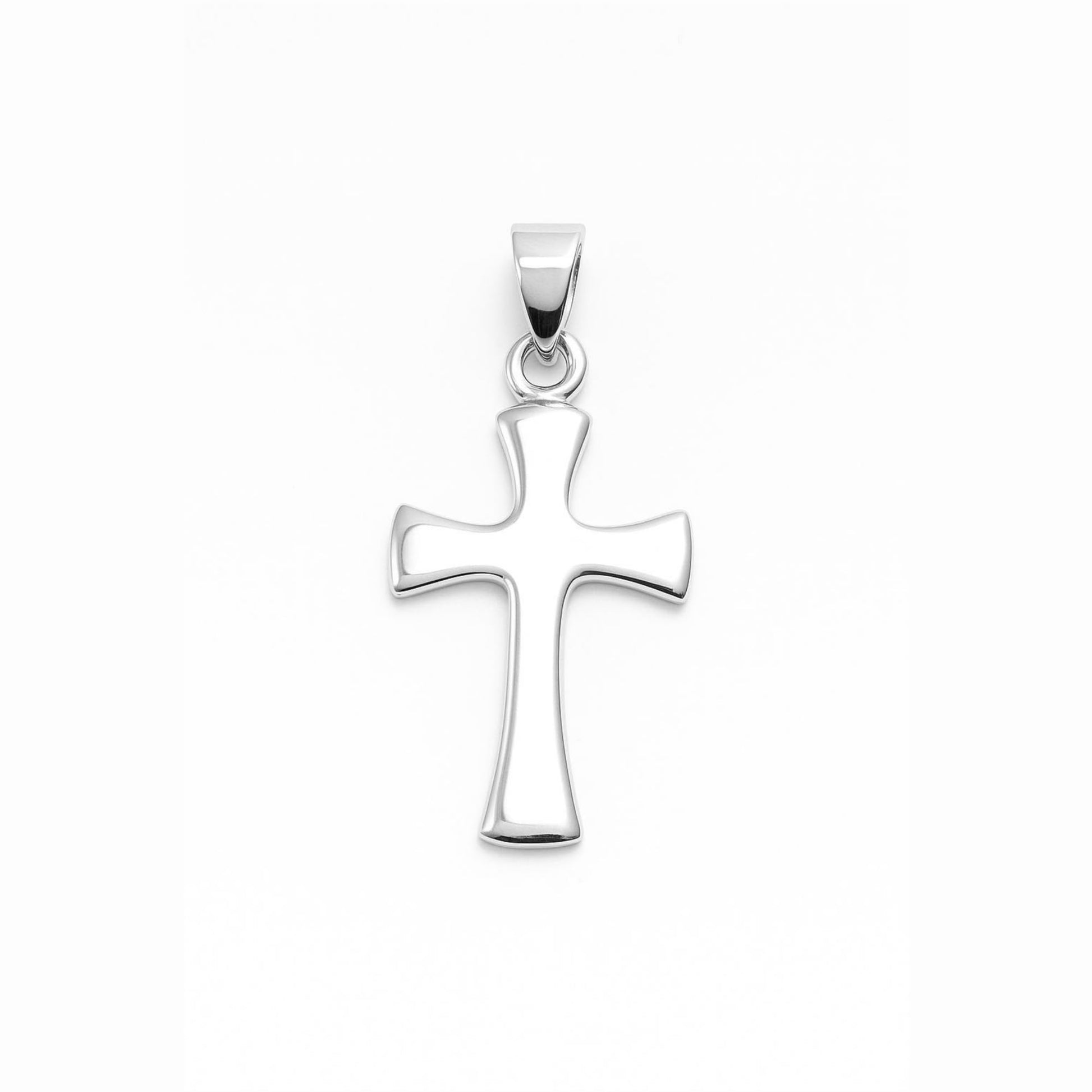 Polished flared cross pendant in silver tone, with round bail at top