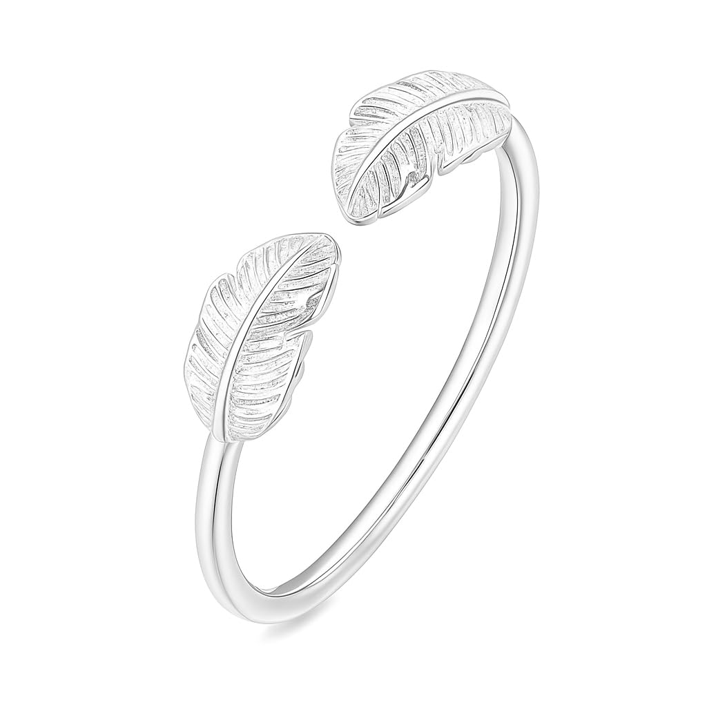 Double Feather Wing Open Band Ring in silvertone, open band with two wing motifs