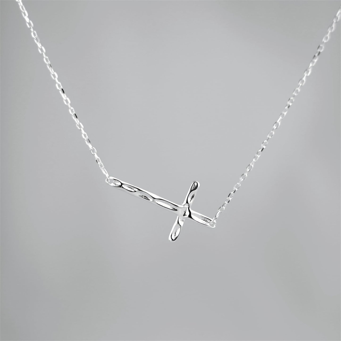 Sterling Silver Reversible Organic Texture Sideways Cross Necklace 42.5cm 16.7"