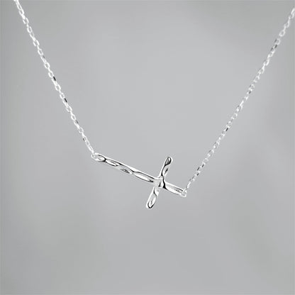 Sterling Silver Reversible Organic Texture Sideways Cross Necklace 42.5cm 16.7"