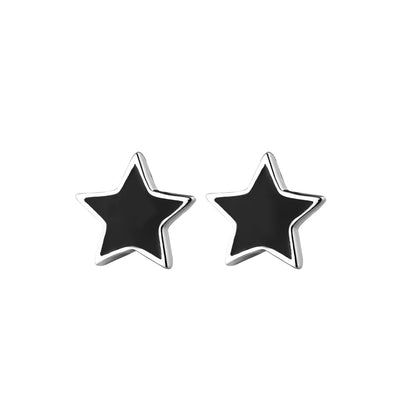 Black glazed star stud earrings with silver-tone outline and round post back
