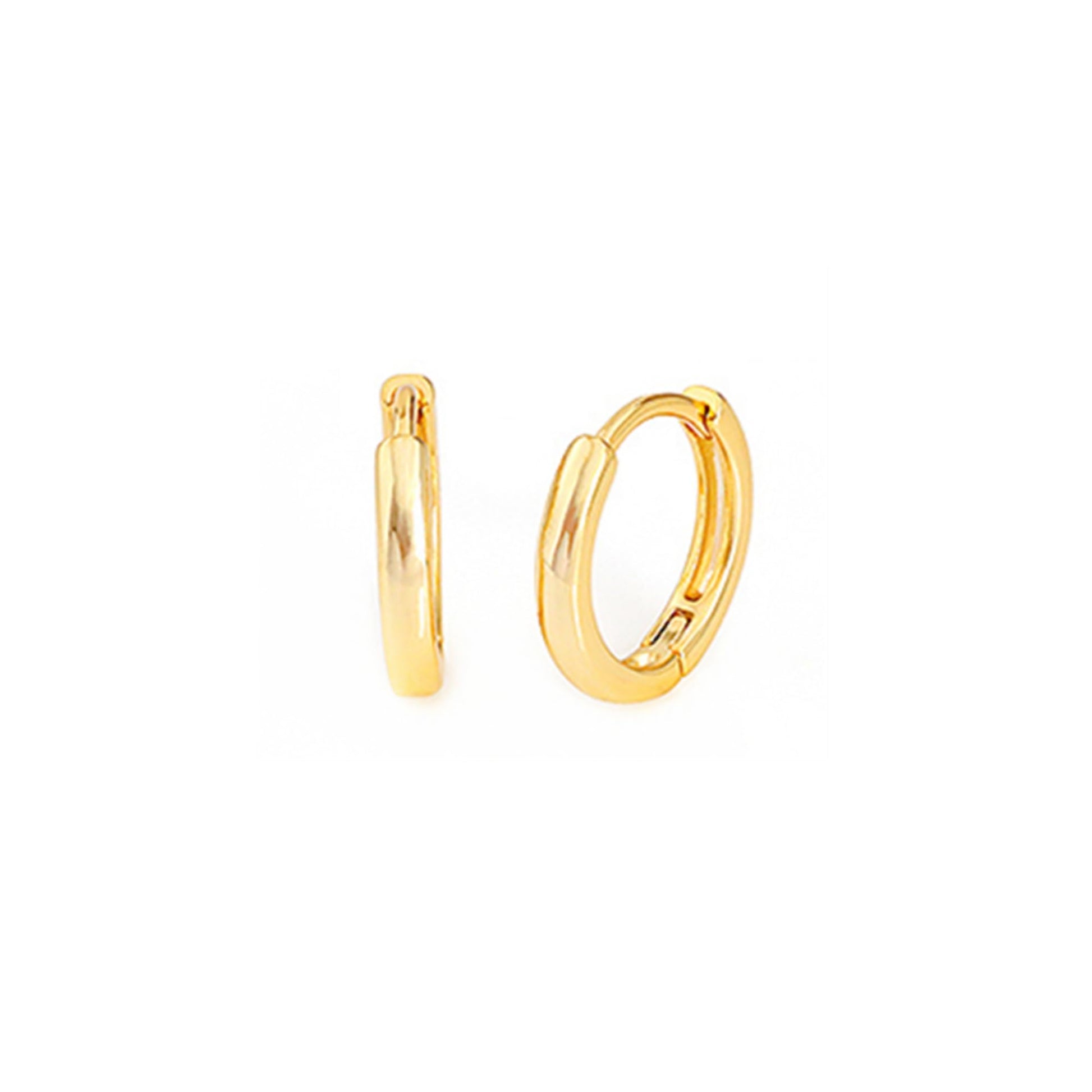 18K Gold 2mm sleeper huggies, side view of small hinged hoops