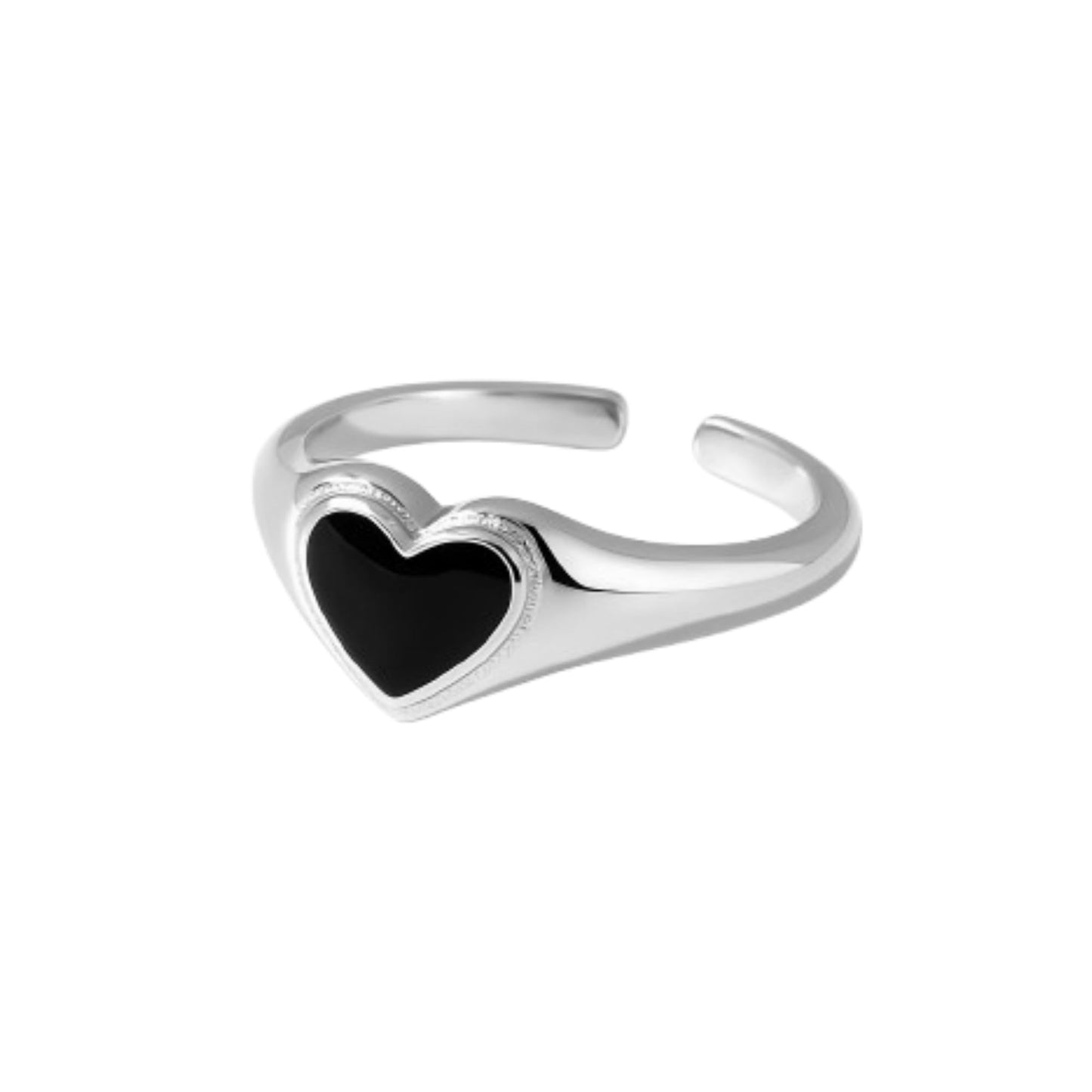 Black glazed wishbone heart ring with openwork silver band