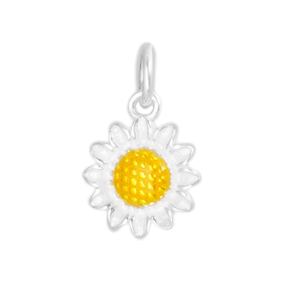 Girasol esmaltado amarillo colgante con borde plateado, asa superior para cadena