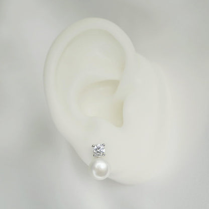Single freshwater Pearl & CZ stud earring: white pearl with small round CZ setting