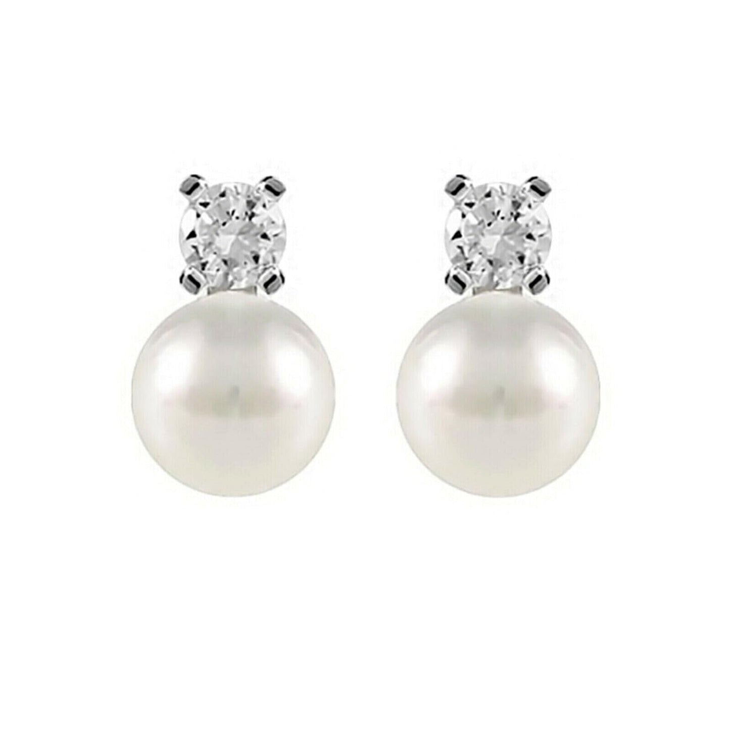 Freshwater Pearl & CZ stud earrings with round crystal tops and white pearl drops