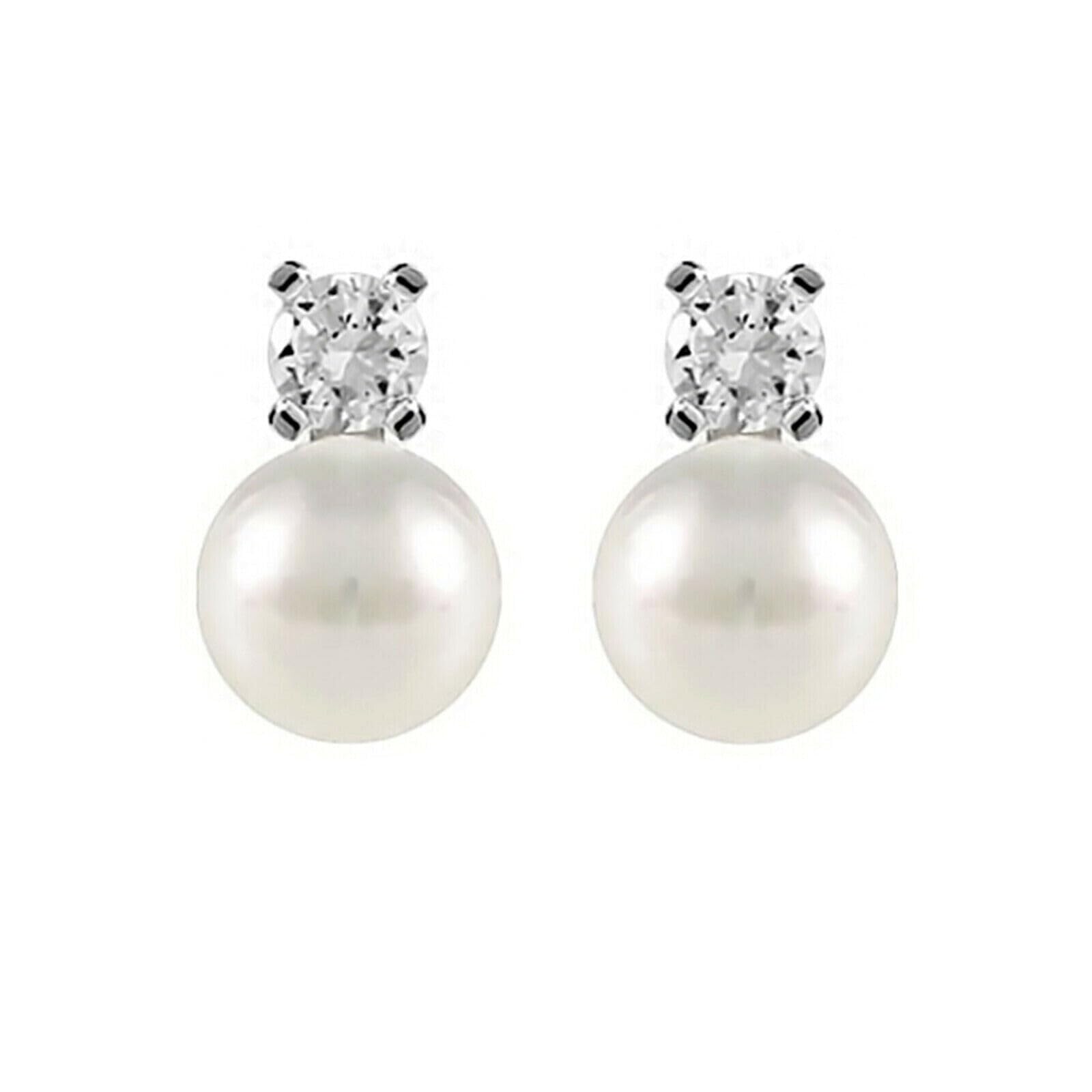 Freshwater Pearl & CZ stud earrings with round crystal tops and white pearl drops
