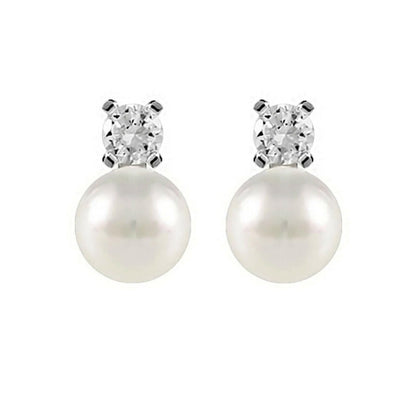 Freshwater Pearl & CZ stud earrings with round crystal tops and white pearl drops