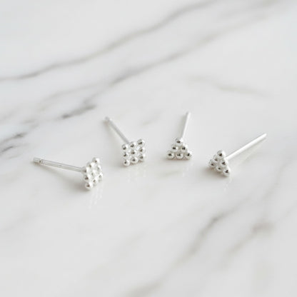 Mini geometric studs set: cube and triangle shapes on silver-tone posts