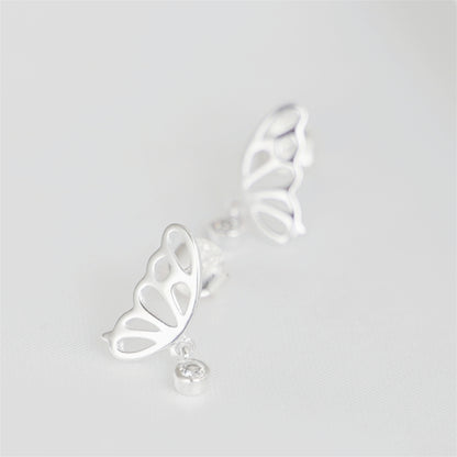 925 Sterling Silver Butterfly Wing Stud Earrings with CZ Drop Dangle - sugarkittenlondon