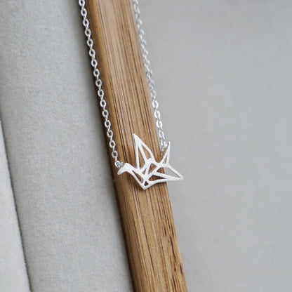 Sterling Silver Matte Brushed Origami Crane Bird Charm Pendant Necklace 38-42cm 16.5''