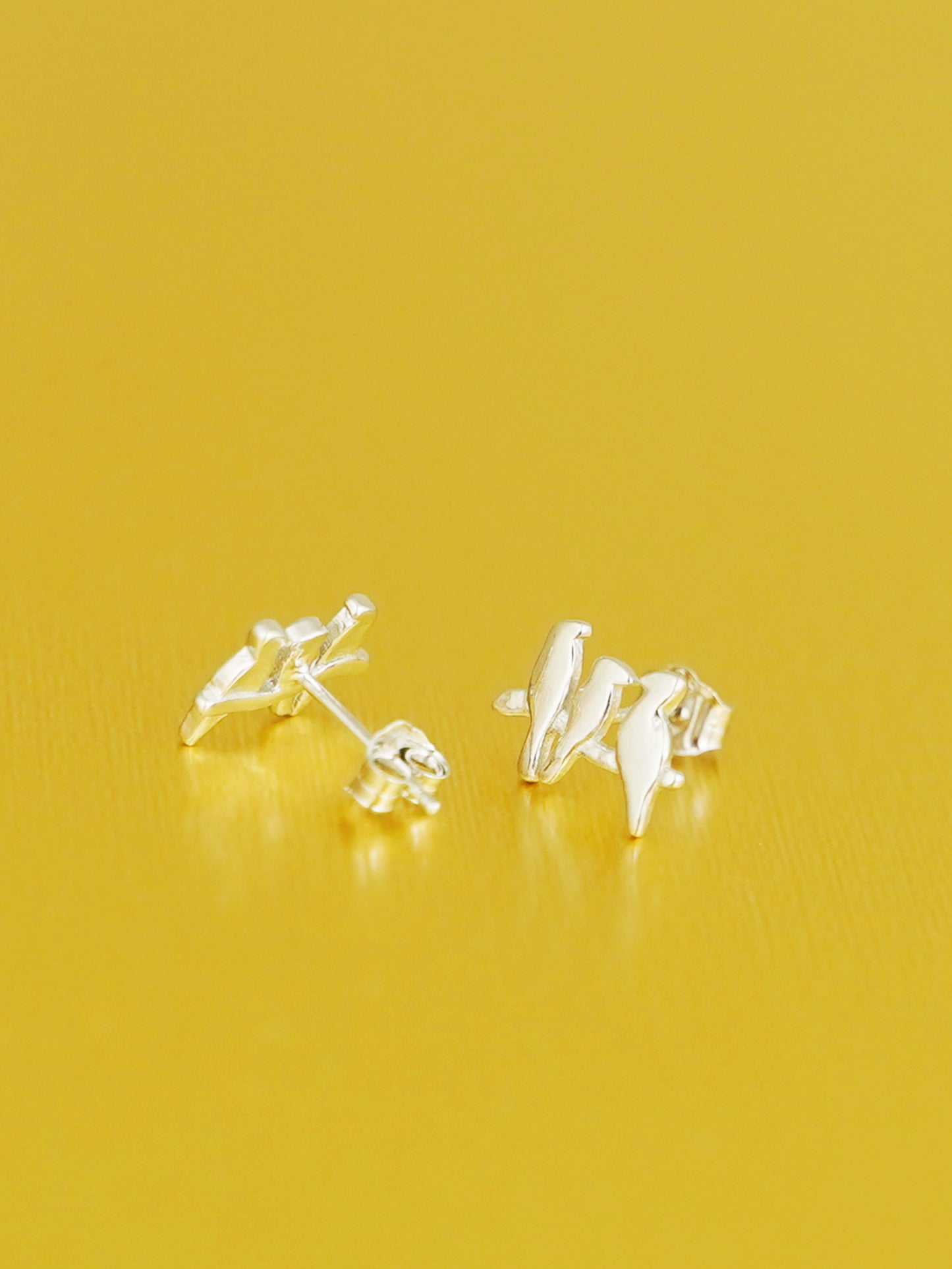Sterling Silver Solid Three Birds on a Branch Line Post Stud Earrings